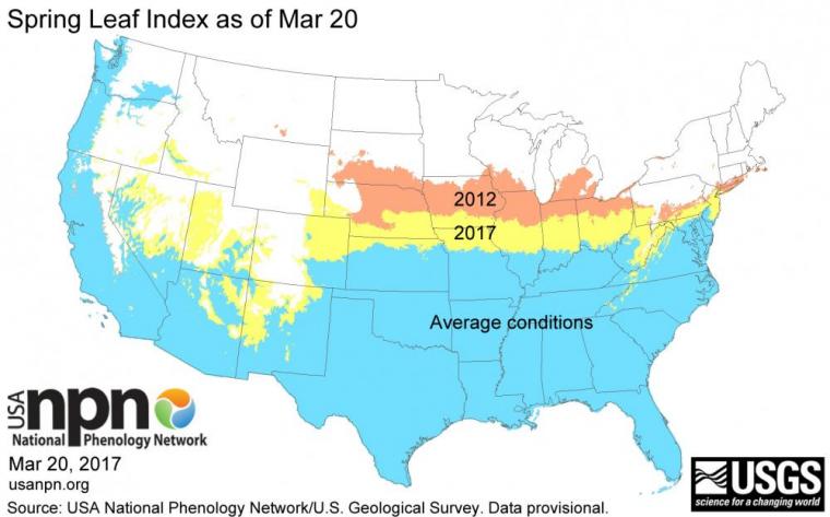 Graphic showing comparison of Spring Index in 2012 and 2017 with average conditions