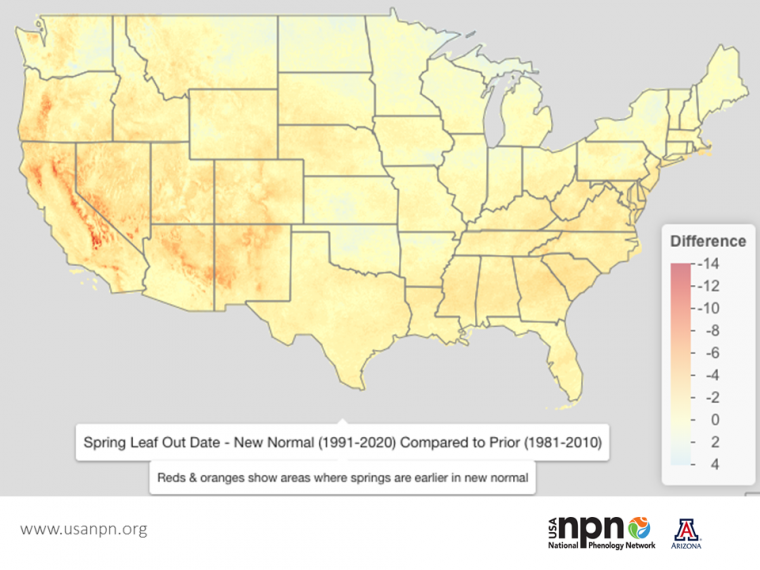 Map showing spring leaf out date new normal (1991-2020) compared to prior normal period (1981-2010) 