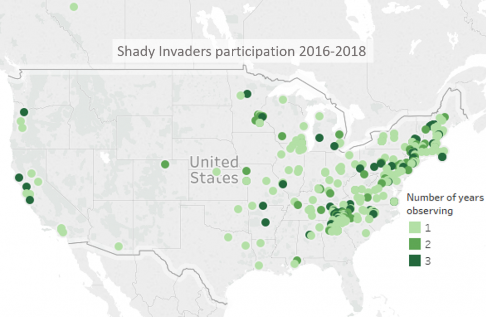 Shady Invaders map of sites with years reporting 2016-2018