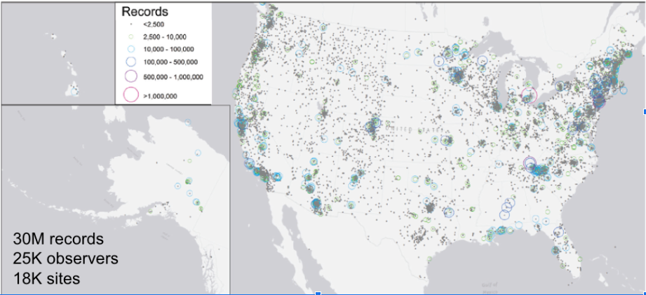 Map of observation records contributed through NEON and the USA-NPN's Nature's Notebook program.