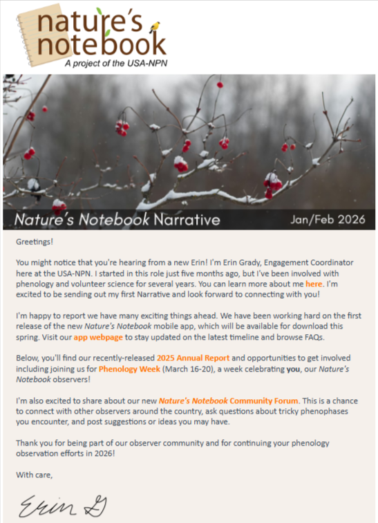 Screencap of the USA-NPN's Narrative newsletter for observers