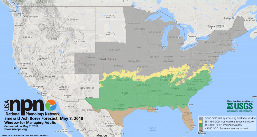 Pheno Forecast map showing where to treat emerald ash borer May 8 2018