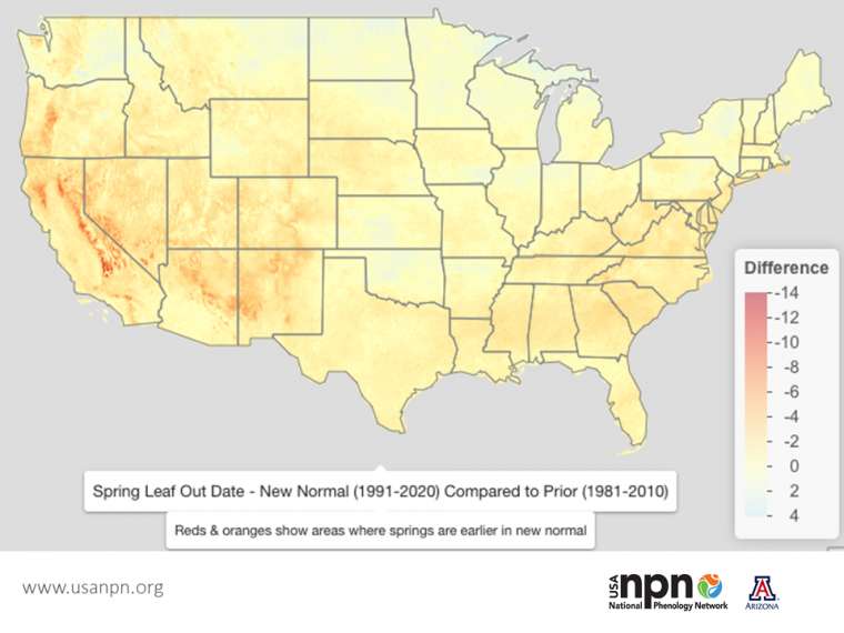Map showing spring leaf out date new normal (1991-2020) compared to prior normal period (1981-2010)