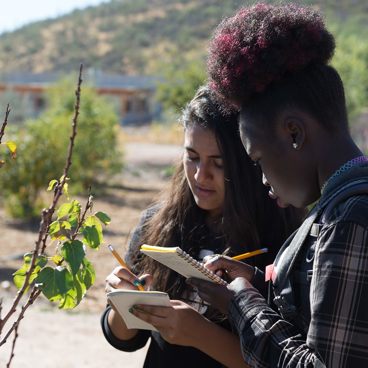 two young women taking notes on a plant